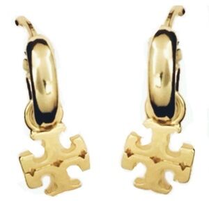 TORY BURCH GOLD KIRA LOGO HUGGIE HOOP EARRINGS